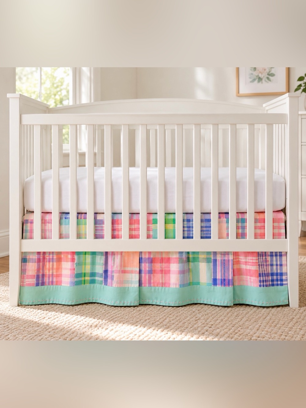 Pottery Barn Baby Madras Plaid Crib Skirt Multicolor 28x52 16" Drop NEW